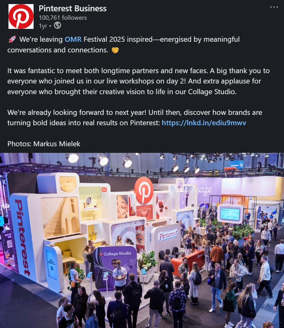 LinkedIn preview for Pinterest Business at OMR Festival 2025 showing the Pinterest booth and event crowd.