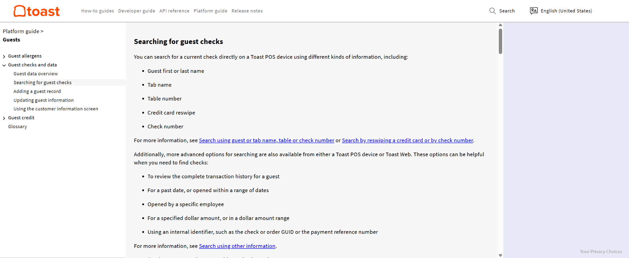 Preview screenshot of the original Toast help article for searching guest checks.