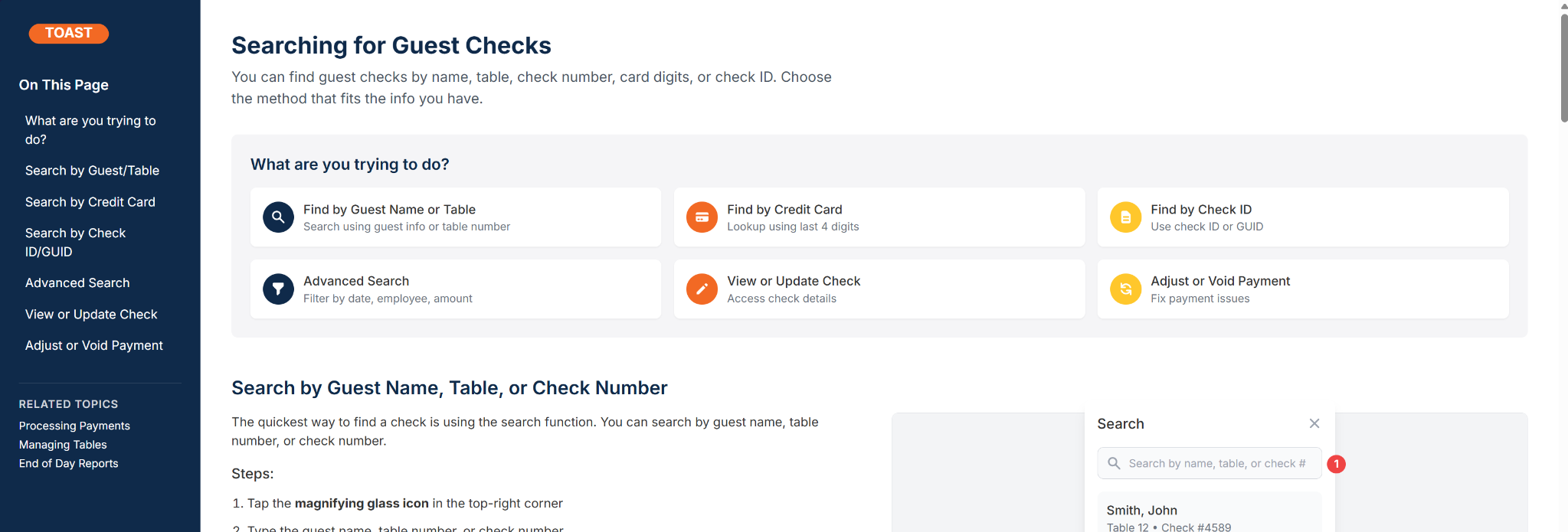 Preview screenshot of Amanda Douvier's redesigned Toast help article mockup with task cards, sidebar wayfinding, and clearer search guidance.